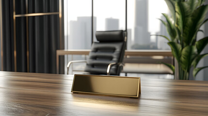 Illustration of a gold nameplate on a desk in a modern office with a blurred chair in the background. Illustration for a name mockup.