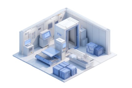 Isometric view of a sterile, modern factory interior.  Light-blue equipment, white walls, and containers populate the space
