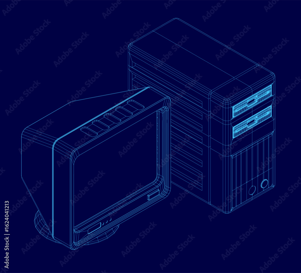 Poster blue wireframe computer and monitor with retro design, featuring detailed cpu and screen components.