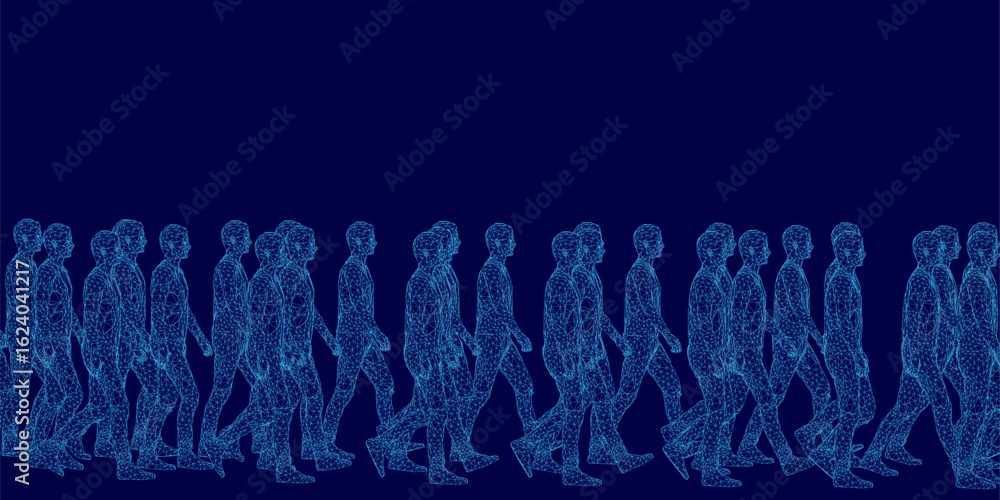 Poster a group of people walking in a line on a dark blue background, depicted in wireframe style for a mod