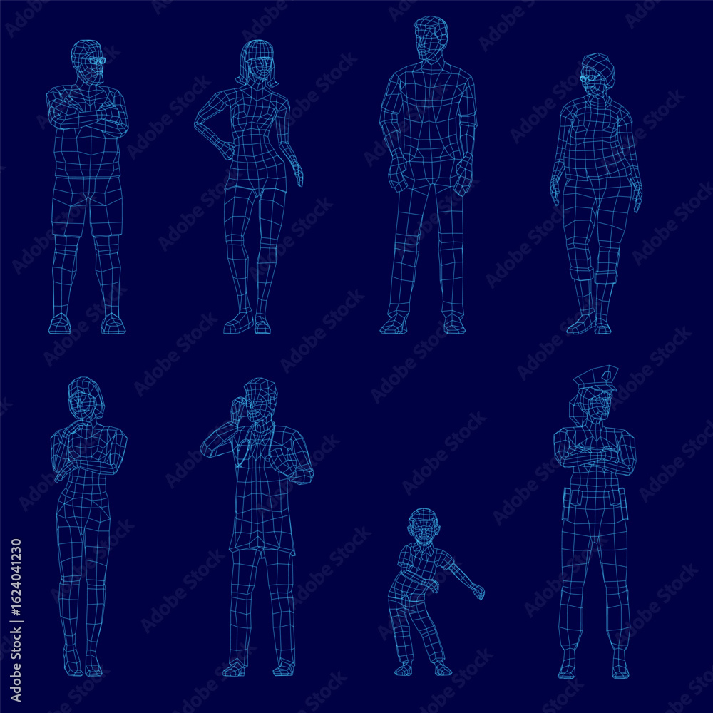 Poster a set of low-poly wireframe 3d models of a man and woman in various poses against a blue background.