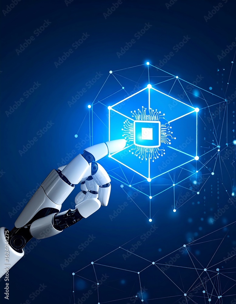 Poster robot hand touches glowing chip icon within digital network, symbolizing ai and technology.