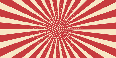 Red sunburst lines on yellow Background. Light sun rays pattern. Vintage stripes halftone radial wallpaper for poster, banner, advertising backdrop, comic or circus scene.