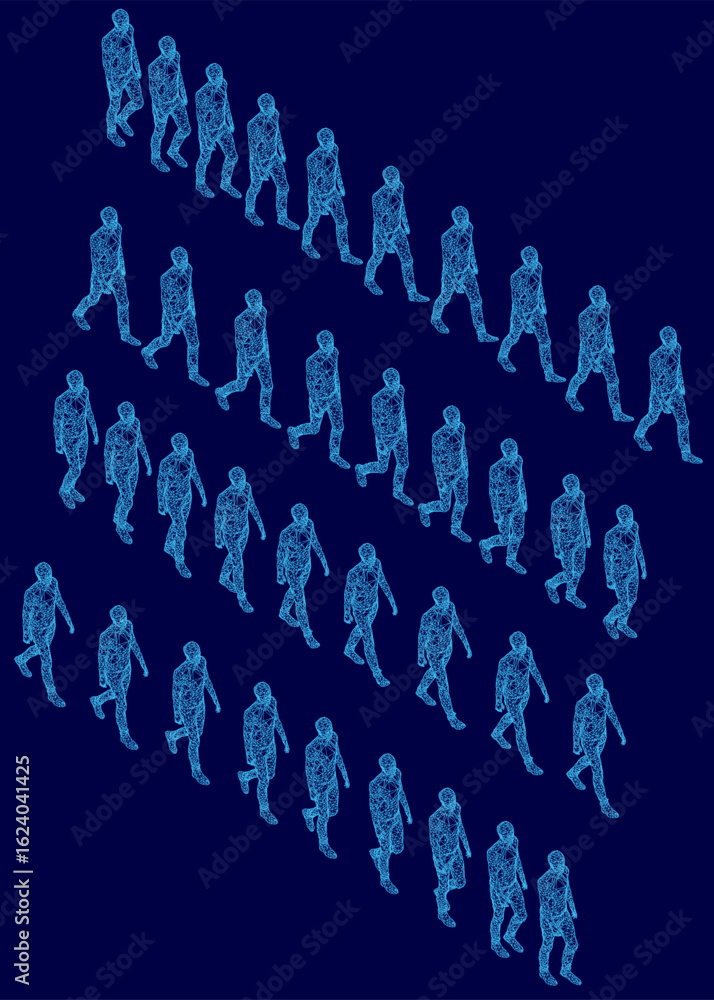 Poster a group of people walking in a line on a blue background, illustrating human evolution through varie