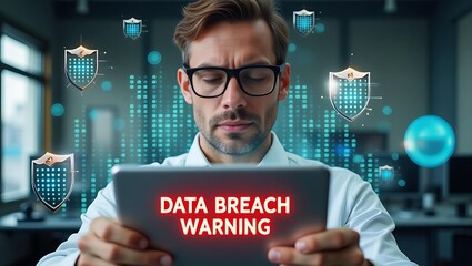 Focused male professional with glasses analyzes data breach warning on a tablet in a tech-savvy office environment.