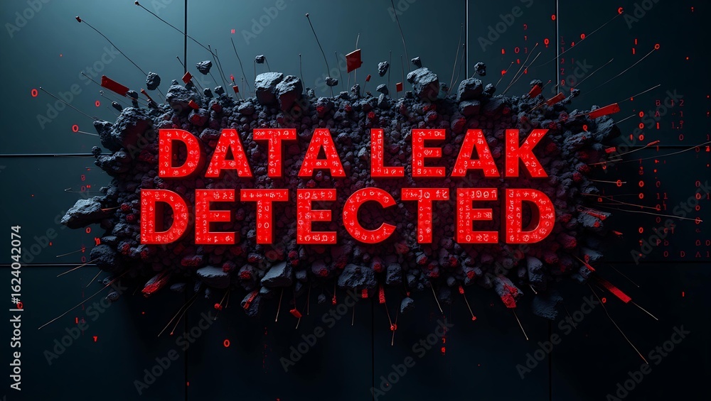 Poster a striking visual of the message 'data leak detected' in bold red against a fragmented dark backgrou