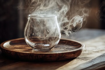 Steaming drink glass, wooden tray, interior.  Possible use Drink advertisement