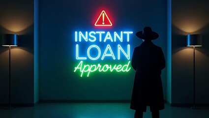 A mysterious figure in a long coat stands before a neon sign reading 'Instant Loan Approved.'