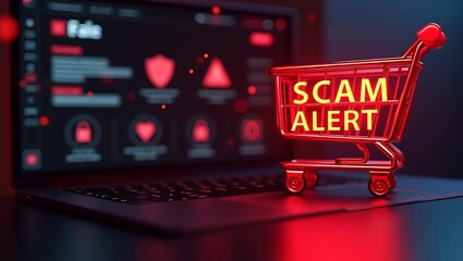 A striking digital illustration of a shopping cart with 'SCAM ALERT' in bold, glowing red, set against a dark-themed desktop background.