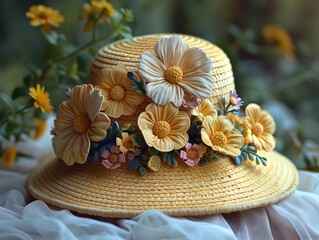 straw hat with flowers