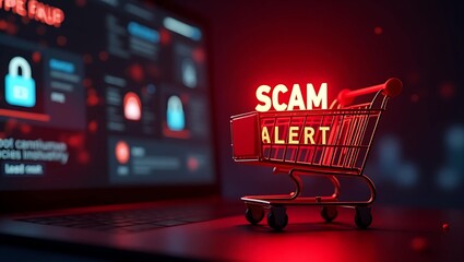 A captivating digital scene featuring a shopping cart with glowing 'SCAM ALERT' text, highlighting online security concerns.