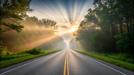 Rural road winding through sunbeams and mist winding road