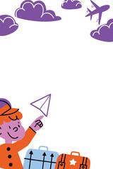 Kids Travel Vertical & Portrait Poster Template. Fun Airport & Airplane Frame with Blank Copy Space