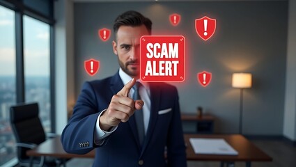A serious Caucasian man in a suit points at a 'SCAM ALERT' sign, showcasing concern and vigilance in a modern office environment.