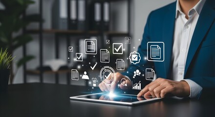 Modern businessman optimizing workflow with digital checklist on tablet for increased efficiency today