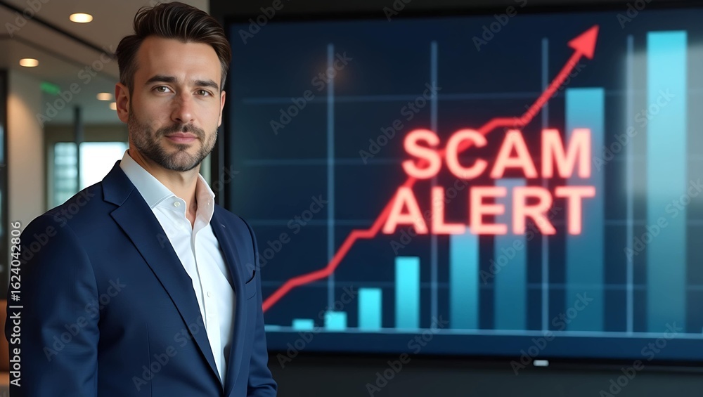 Poster confident caucasian man in business attire stands before a screen displaying a 'scam alert' message 