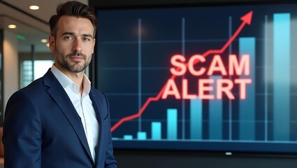 Confident Caucasian man in business attire stands before a screen displaying a 'Scam Alert' message and upward trend graphics.