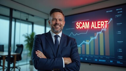 A confident middle-aged Caucasian man in a suit stands against a high-tech backdrop with a 'SCAM ALERT' sign and financial graphs.