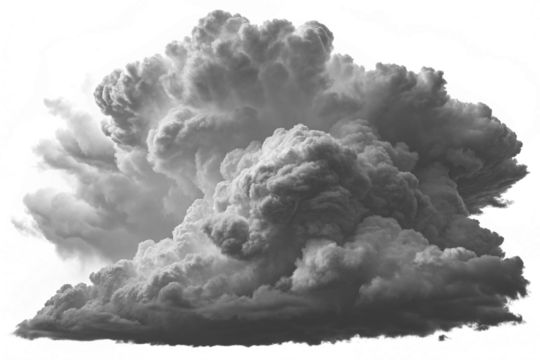 A dense and turbulent dark grey storm cloud billows with dramatic power, a perfect Transparent Background Png image Isolated on white background for design.