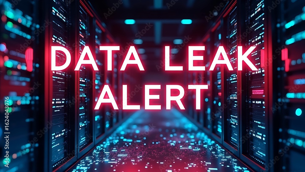 Poster a vibrant digital representation of a data leak alert within a server room, illuminated by blue and 