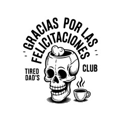 Illustration of a skull with a cloud in its head, accompanied by a coffee cup and the text 