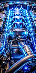 Close-up of a futuristic racing car's engine with glowing blue circuits and wires