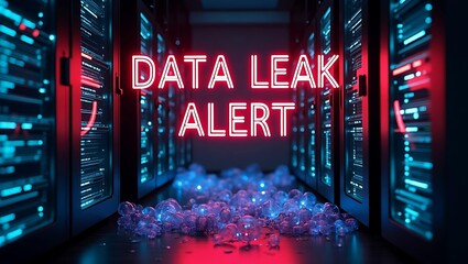 A dramatic neon sign reading 'DATA LEAK ALERT' illuminated against a dark server room backdrop, evoking a sense of urgency.