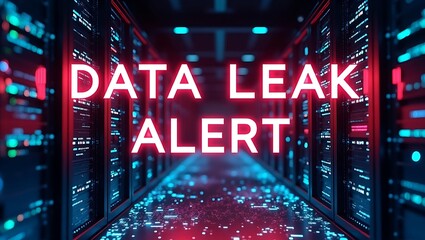 A vibrant digital representation of a data leak alert within a server room, illuminated by blue and red lights.