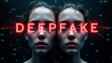 A striking digital portrait of a young woman, featuring a mirrored effect, highlighted by glowing 'DEEPFAKE' text.
