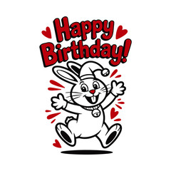 Joyful bunny celebrates birthday with hearts and festive text.