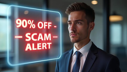 A serious Caucasian male in a suit contemplating a scam alert with neon signage emphasizing '90% OFF'.