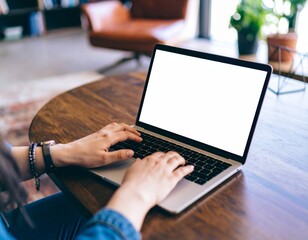 Person Typing on Laptop Mockup: Blank Backlit Keyboard. Productivity, Digital Work & Cozy Home Office