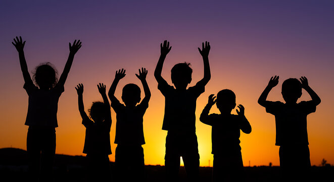 Silhouette of diverse refugee children playing and praying at sunset &mdash; hope, faith, freedom, raised hands, worship, world refugee day, adoption, unity and blessing