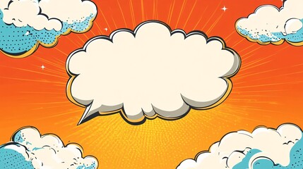 Blank Speech Bubble in Pop Art Style with Orange and Yellow Sunburst and Clouds