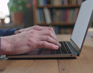Person Typing on Laptop Mockup: Blank Backlit Keyboard. Productivity, Digital Work & Cozy Home Office
