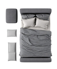 Top-down view of a gray upholstered bed with white linens and bedside tables