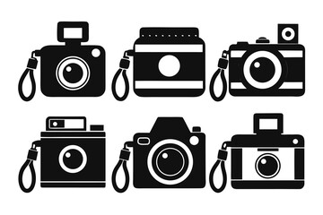 Collection of six stylized black and white silhouette icons of vintage cameras, each with a strap, presented on a clean white background, representing photography and retro technology