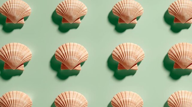 Symmetrical pattern of seashells isolated on soft green background