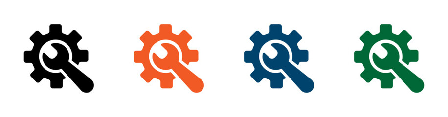 Wrench icon with gears for engineering, repair, industry, garage, technical.
