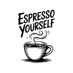 A stylized illustration of a coffee cup with steam rising, accompanied by the text 