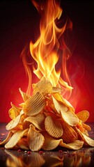 Crunchy spicy potato chips scattered on a fiery red background with flames rising up