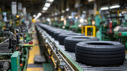 Tires on Conveyor Belt in a Manufacturing Plant