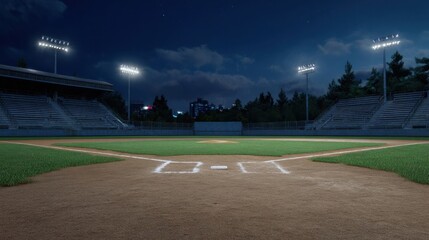 Baseball game night stadium sports field urban setting ground level excitement and competition
