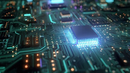 Obraz premium Circuit Board, Microchip, Tech, Futuristic Design, Electronic Components. Background Advanced technology. Use Stock photo