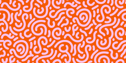 Abstract pink squiggly lines pattern on a vibrant orange background