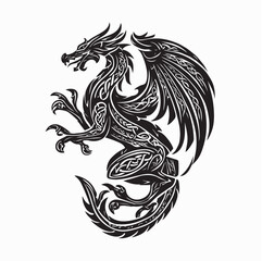 Celtic Mythical Dragon Full Body Vector Illustration in Black and White Tribal Style