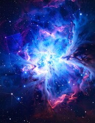 Vibrant blue and purple nebula with stars and constellations, illustrating the beauty of deep space and cosmic wonders.
