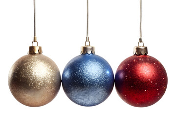 Three christmas balls hanging neatly on transparent background  