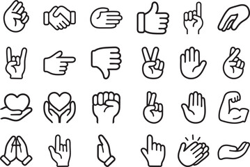 Outline Hand Gesture Icon Set with Various Expressive Sign Symbols.