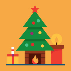 Fototapeta premium Cozy christmas scene with decorated tree fireplace and gifts